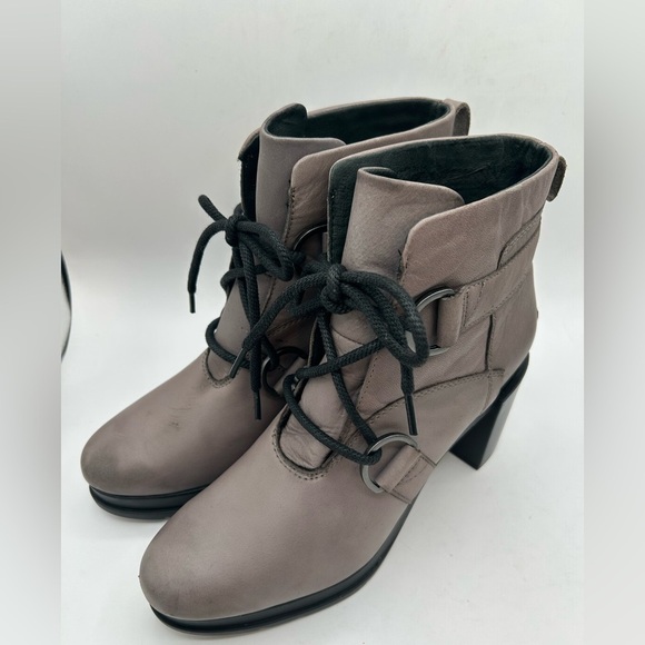 Sorel Margo Lace Up Ankle Heeled Platform Boot Bootie, Quarry Gray Leather 10.5 - Picture 4 of 9